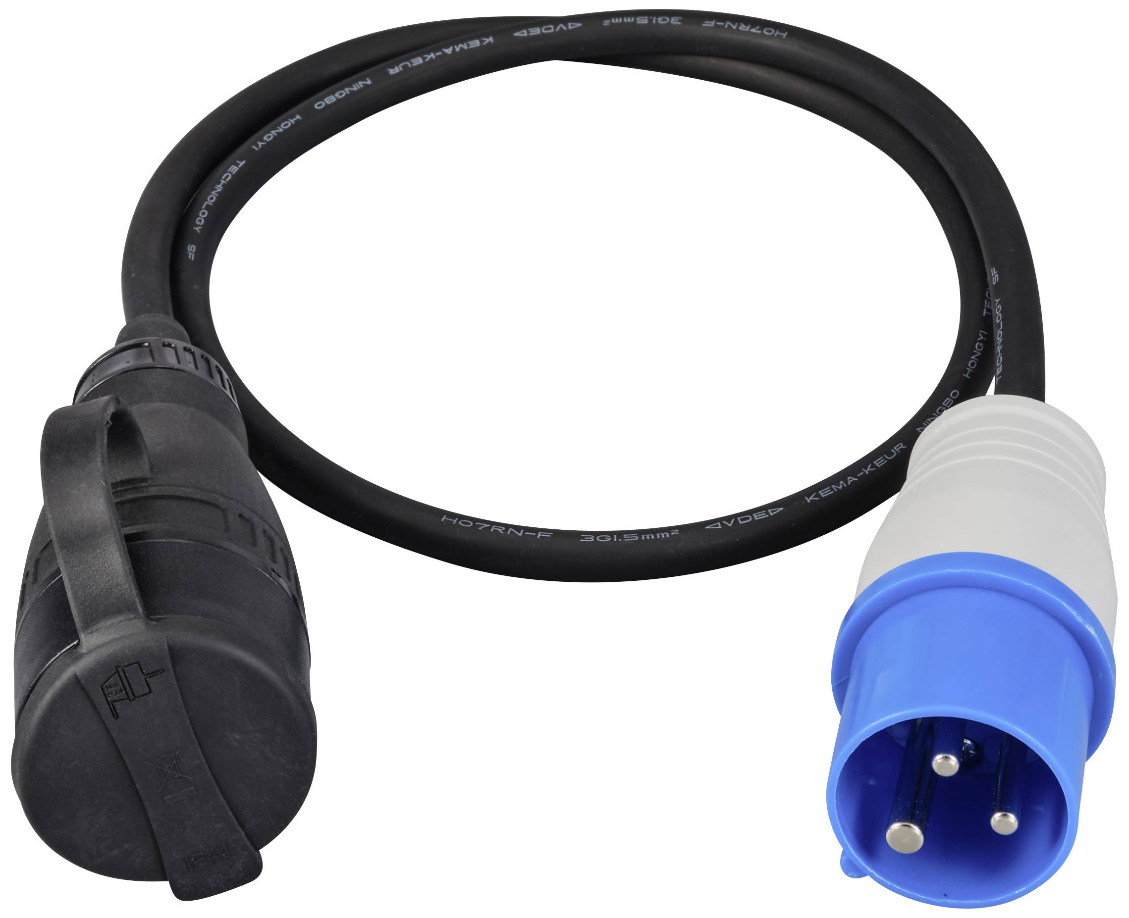 Ein Stromadapterkabel mit einem blauen dreipoligen Stecker links und einer schwarzen Buchse rechts, verwendet für industrielle Anwendungen.