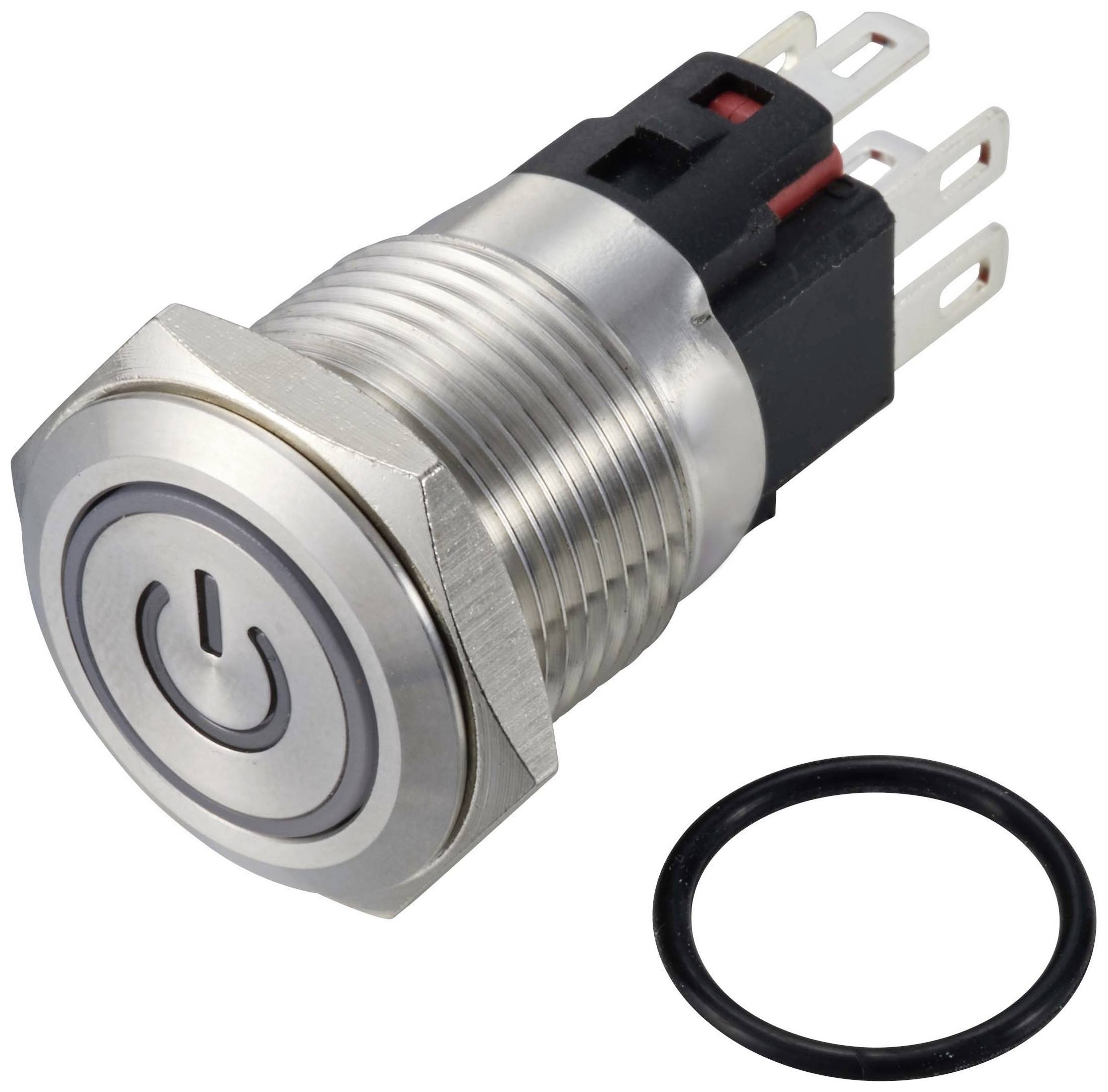 Metallschalter mit Power-Symbol und vier Anschlüssen, daneben ein schwarzer Dichtungsring.
