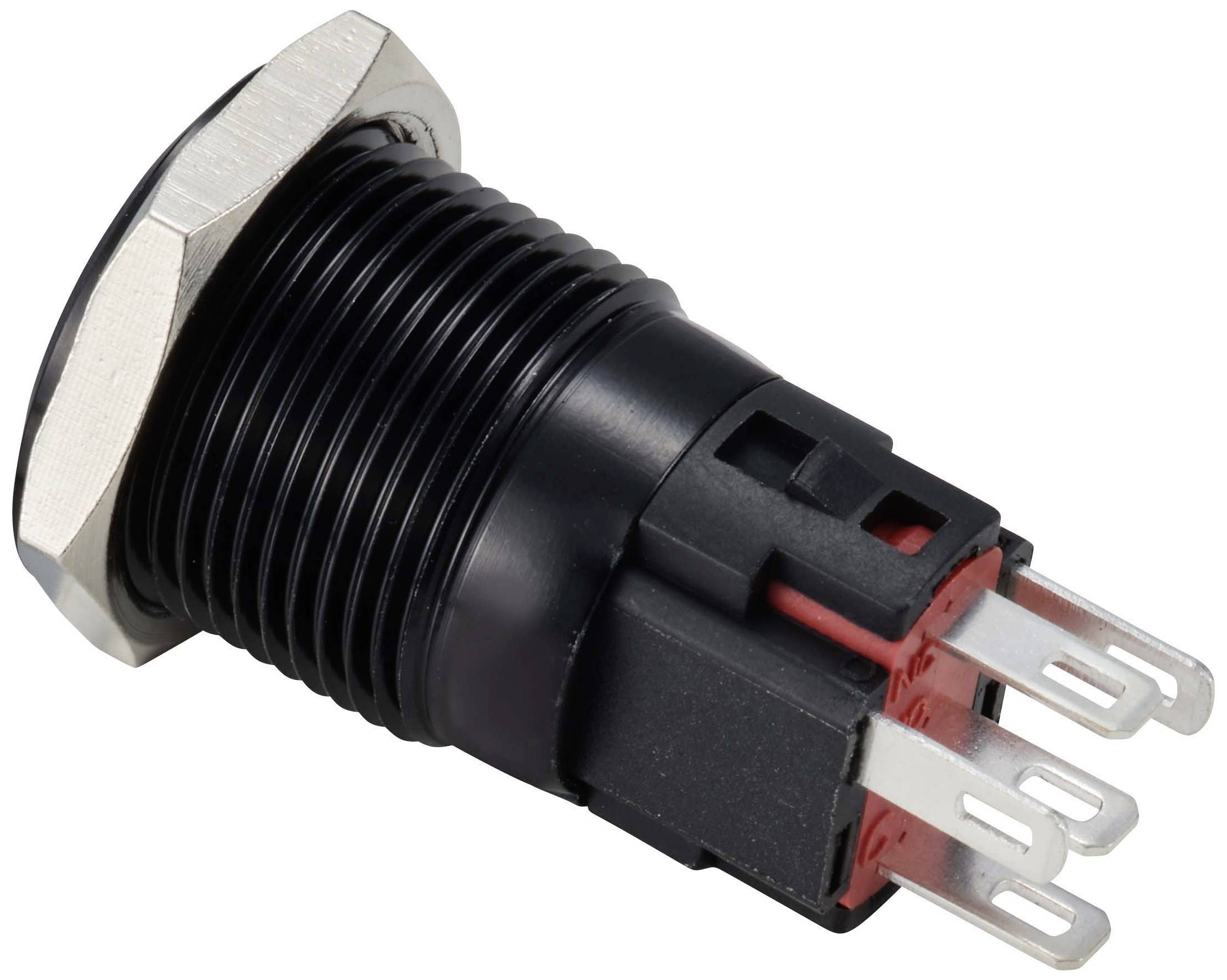Schwarzer elektrischer Drucktaster-Schalter mit roter Basis und Metallgewinde, geeignet für elektronische Geräte.