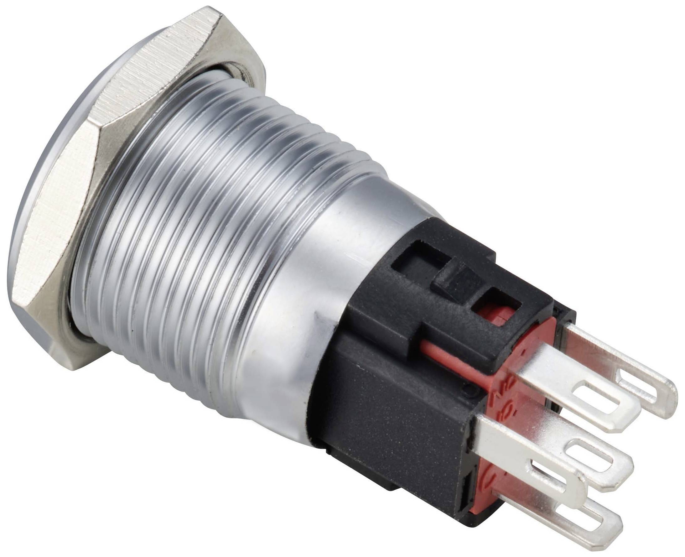 Ein runder, metallischer Druckknopf mit einem roten Kunststoffgehäuse und mehreren Anschlussstiften für elektrische Verdrahtung.