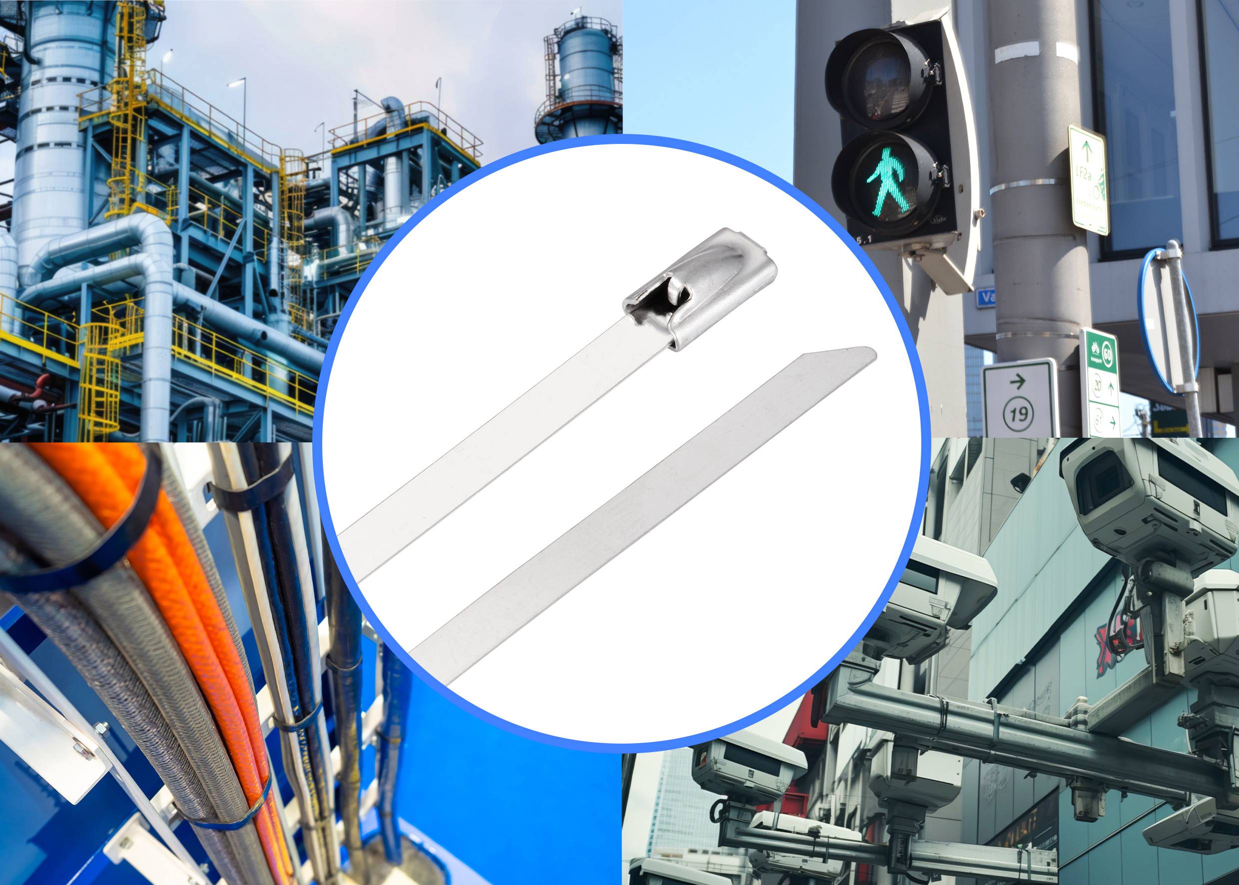 Metall-Kabelbinder als zentrale Figur. Industrieanlagen, Ampel, Rohrleitungen und Sicherheitskameras im Hintergrund zeigen diverse Anwendungsbereiche.