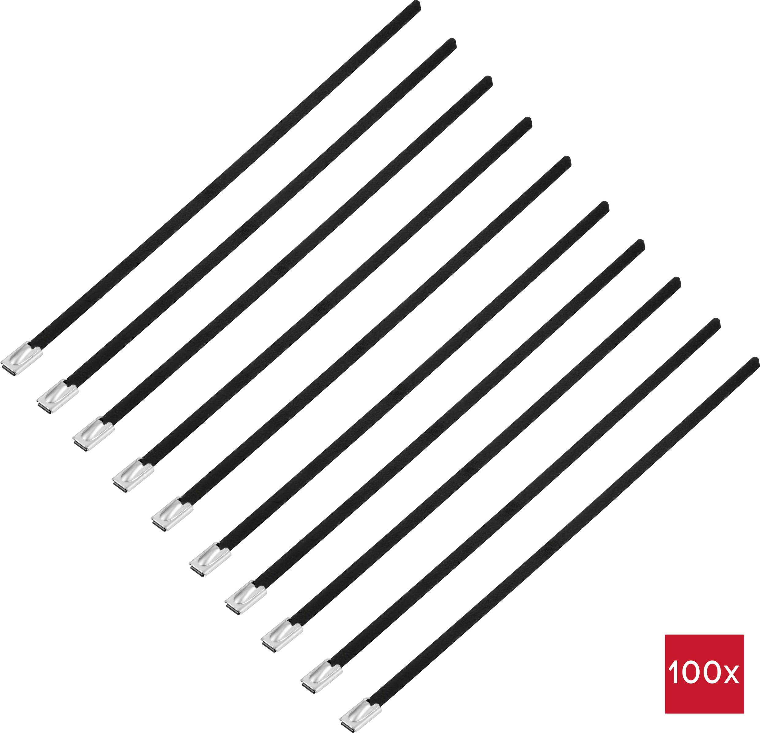 Zehn schwarze Kabel-Streifen diagonal angeordnet mit silbernen Enden auf weißem Hintergrund, dargestellt als Set von 100 Stück.