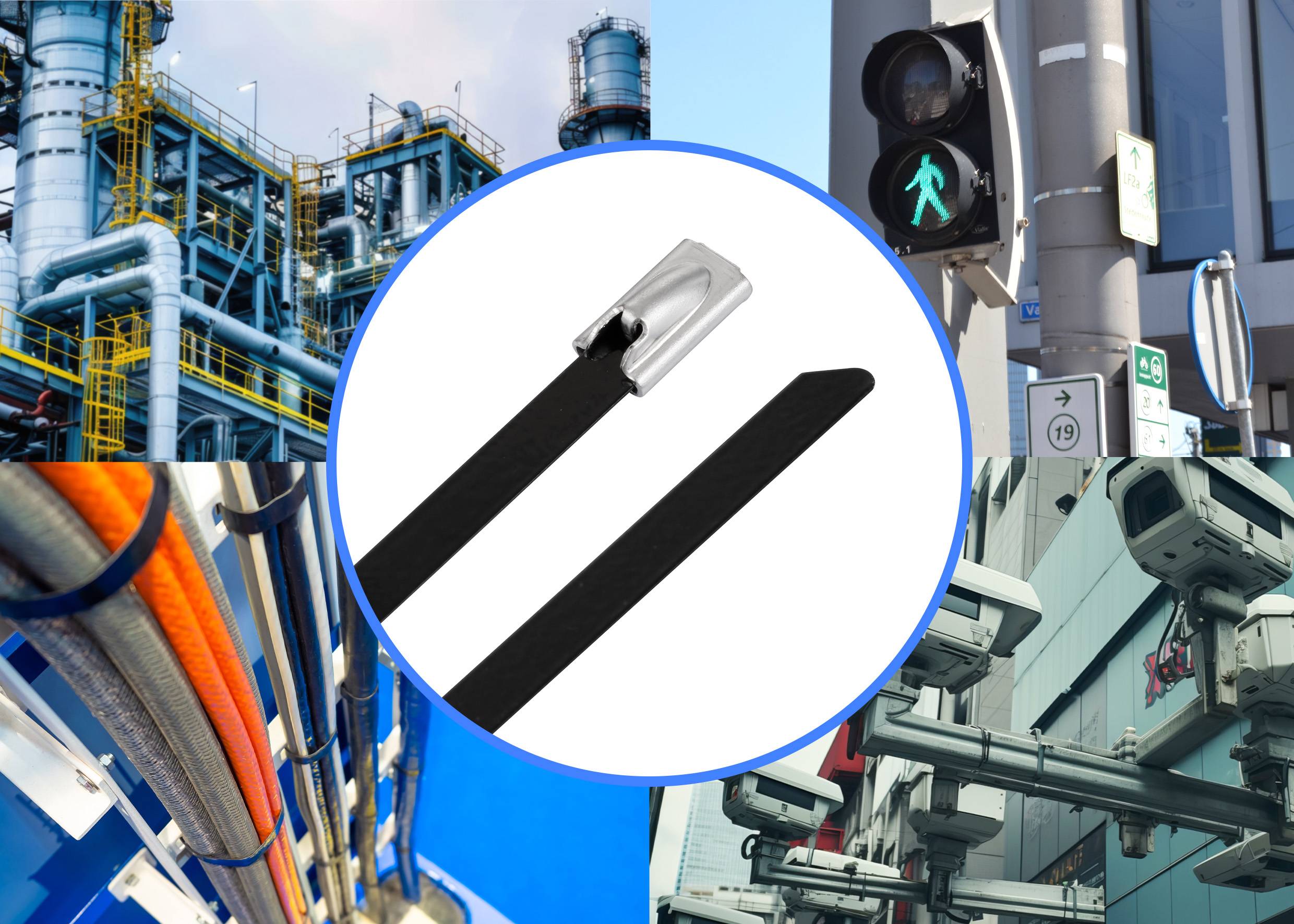 Symbolbild für industrielle Technologie mit drei Fotos: Industrieanlage, Verkehrsampel mit grünem Licht, und Sicherheitskameras.