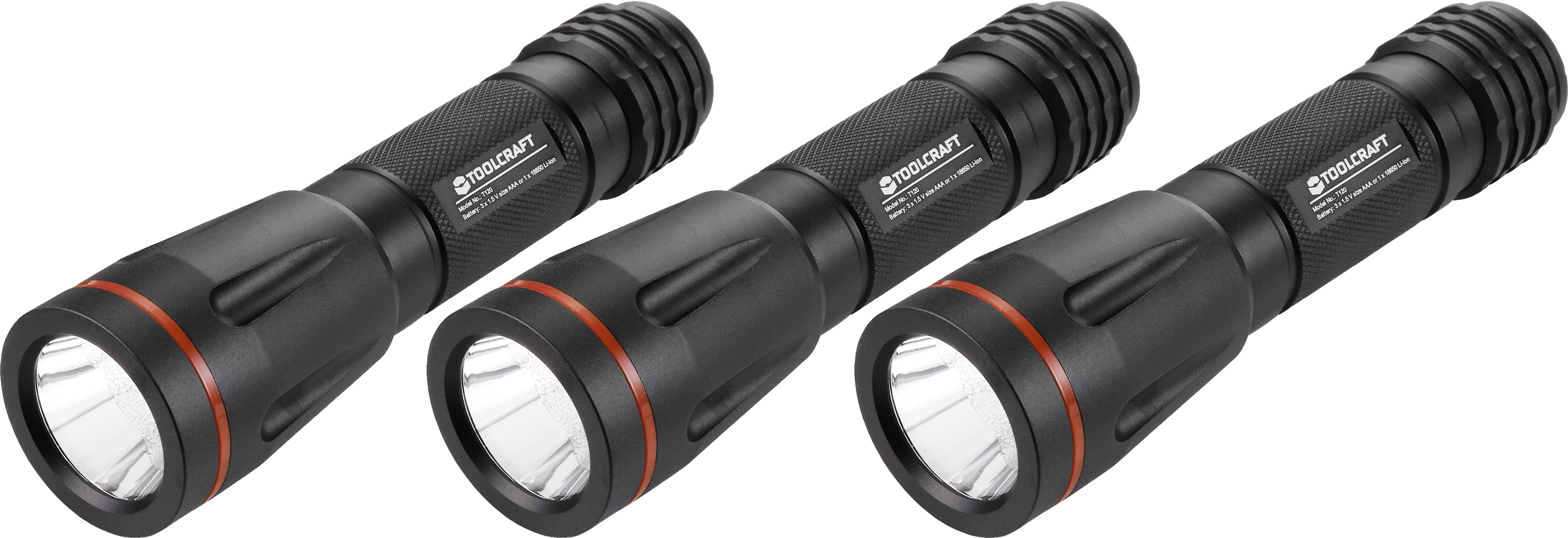 Drei schwarze Taschenlampen mit roten Akzenten, nebeneinander angeordnet. Jede Taschenlampe hat einen strukturierten Griff.