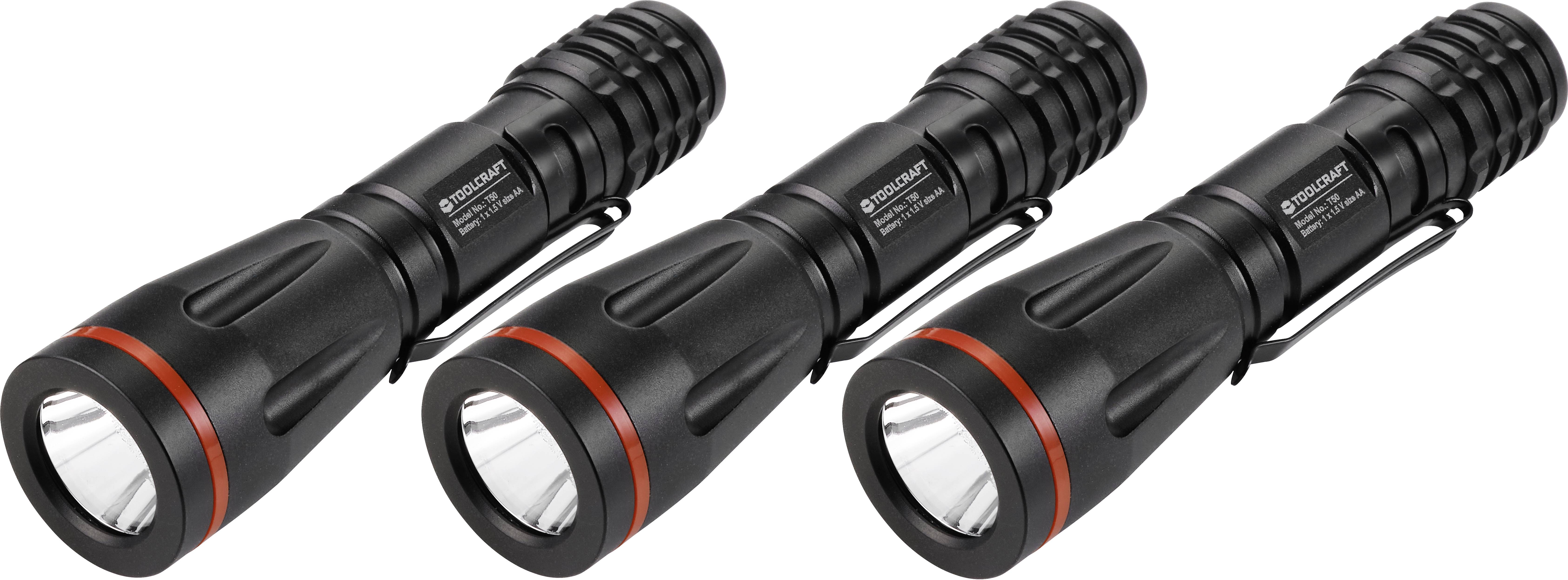 Drei schwarze Taschenlampen mit rotem Rand und Clip zur Befestigung. Sie liegen nebeneinander auf weißem Hintergrund.