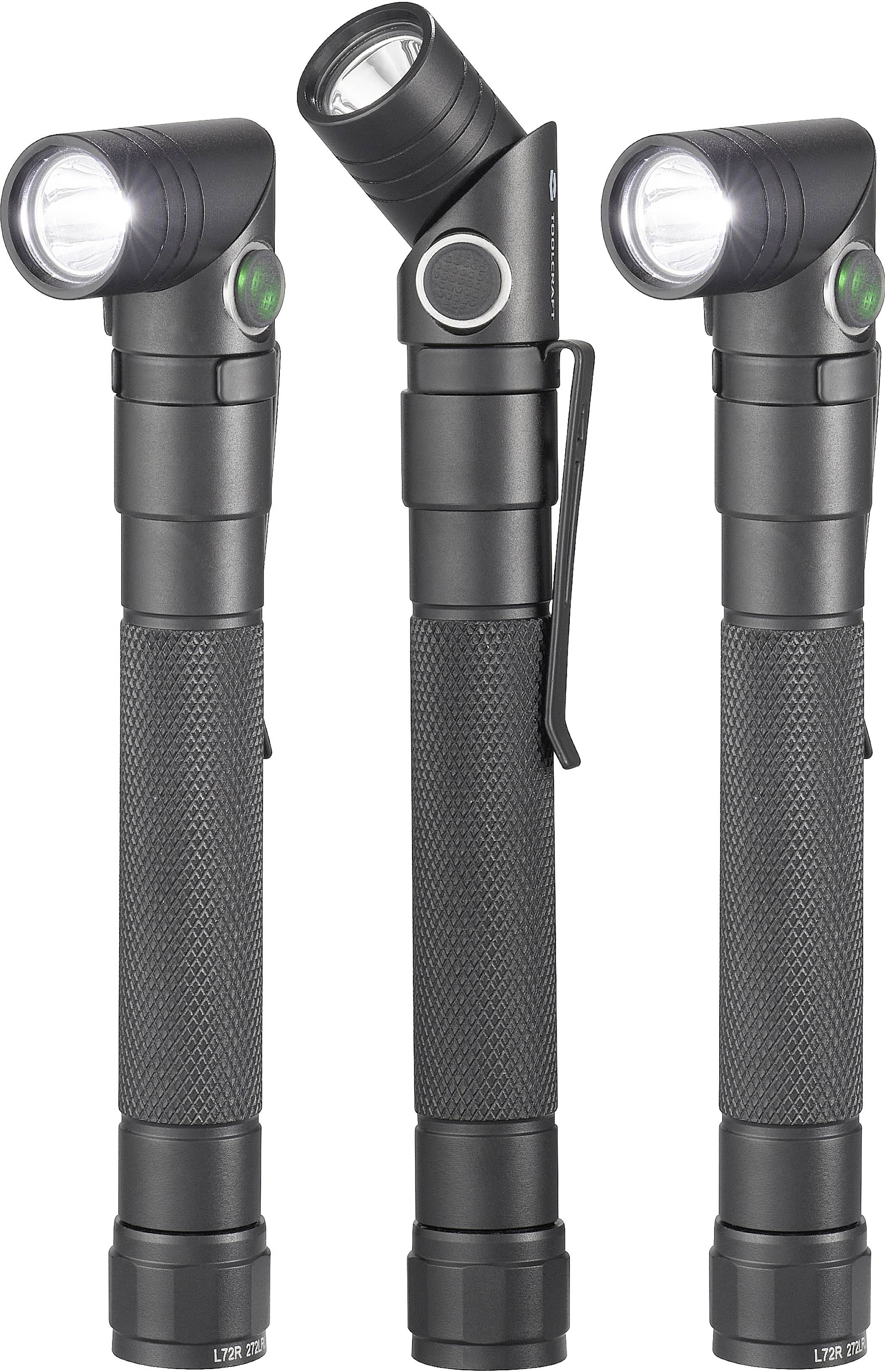 Drei taktische, schwarze Taschenlampen in verschiedenen Positionen. Jede Lampe hat einen gebogenen Kopf und einen grünen Schalter.