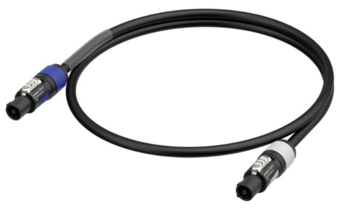 Ein schwarzes Audiokabel mit blauen und weißen Steckverbindern an den Enden, geeignet für professionelle Audioausrüstung.