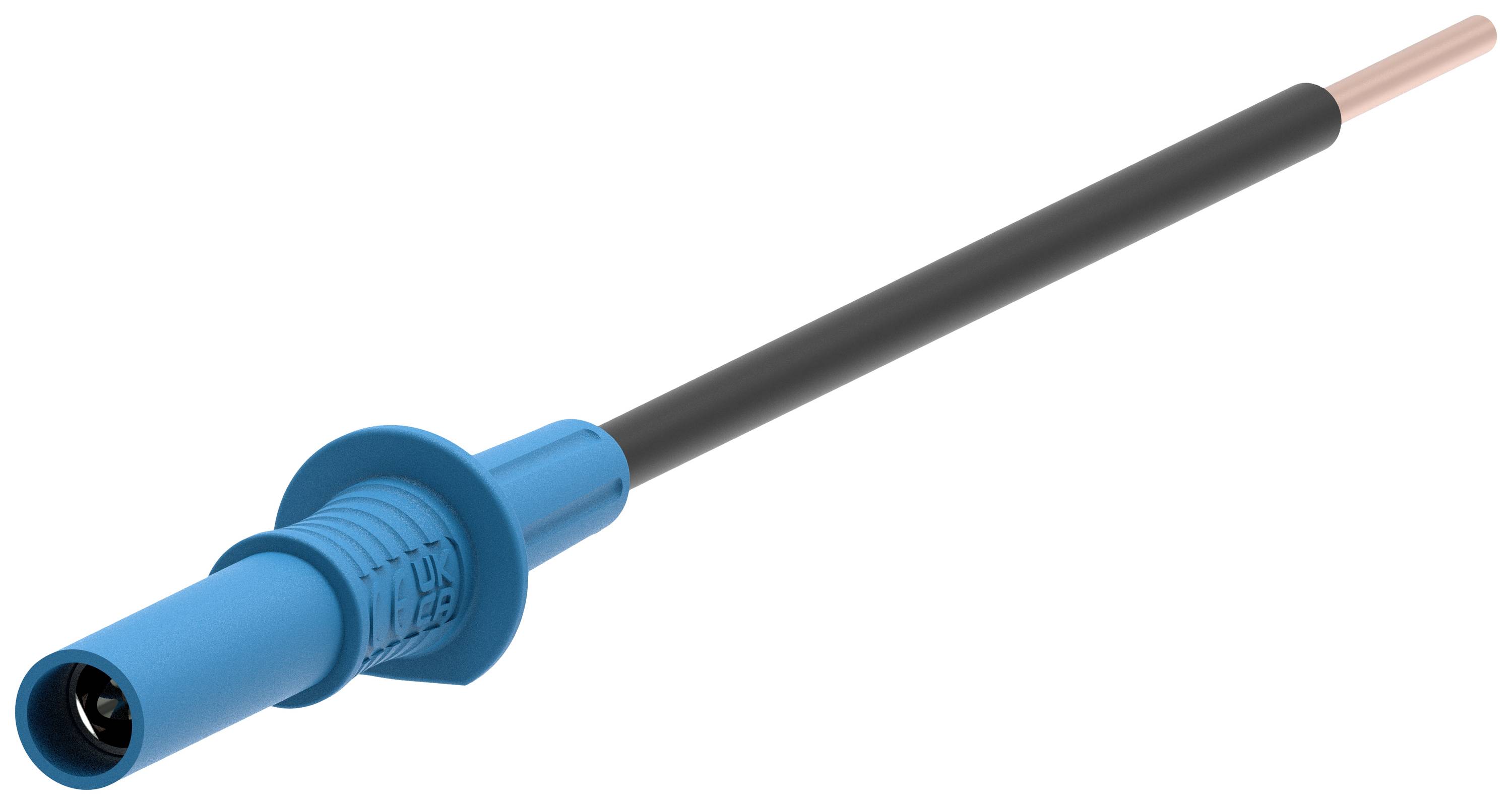 Ein einfaches blaues Messkabel mit einer schwarzen Ummantelung und einem exponierten kupfernen Drahtende, typisch für elektrische Tests.