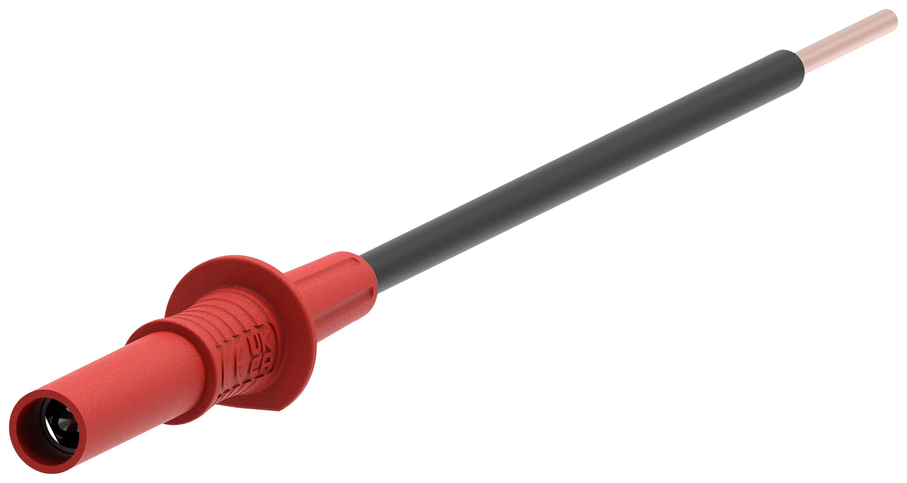 Ein rotes Kabel mit schwarzer Ummantelung und offenem Kupferdraht. Hauptsächlich für elektrische Verbindungen oder Messungen.