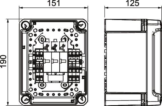 Technische Zeichnung eines elektrischen Gerätes mit Maßen: 190 mm Höhe, 151 mm Breite (links), und 125 mm Tiefe (rechts).