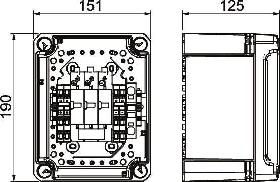 Technische Zeichnung eines elektrischen Bauteils mit Front- und Seitenansicht. Maße: 151 mm Breite, 125 mm Tiefe, 190 mm Höhe.