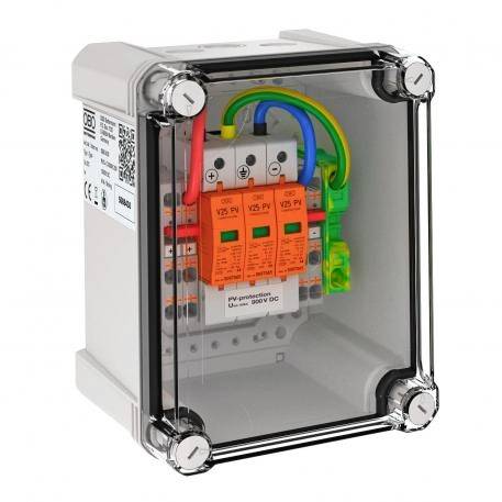 Ein transparenter Kunststoffkasten zeigt eine elektrische Schalteinheit mit mehreren farbigen Kabeln und drei orangefarbenen Schaltmodulen.