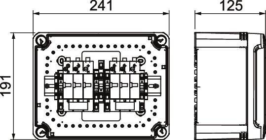 Technische Zeichnung eines rechteckigen Gehäuses mit zwei Schaltern in der Mitte. Maße: Höhe 191, Breite 241, Tiefe 125.