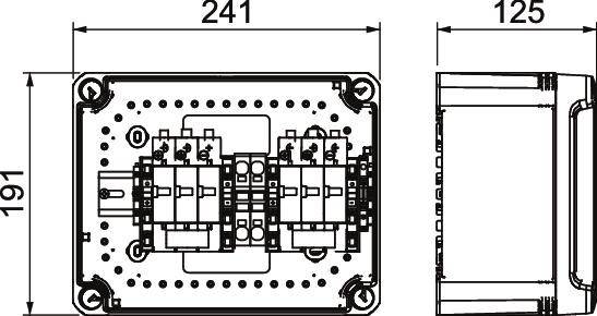 Technische Zeichnung eines elektrischen Schalters mit Abmessungen 241x125 mm. Detaillierte Ansicht von Schaltkomponenten und Gehäuse.