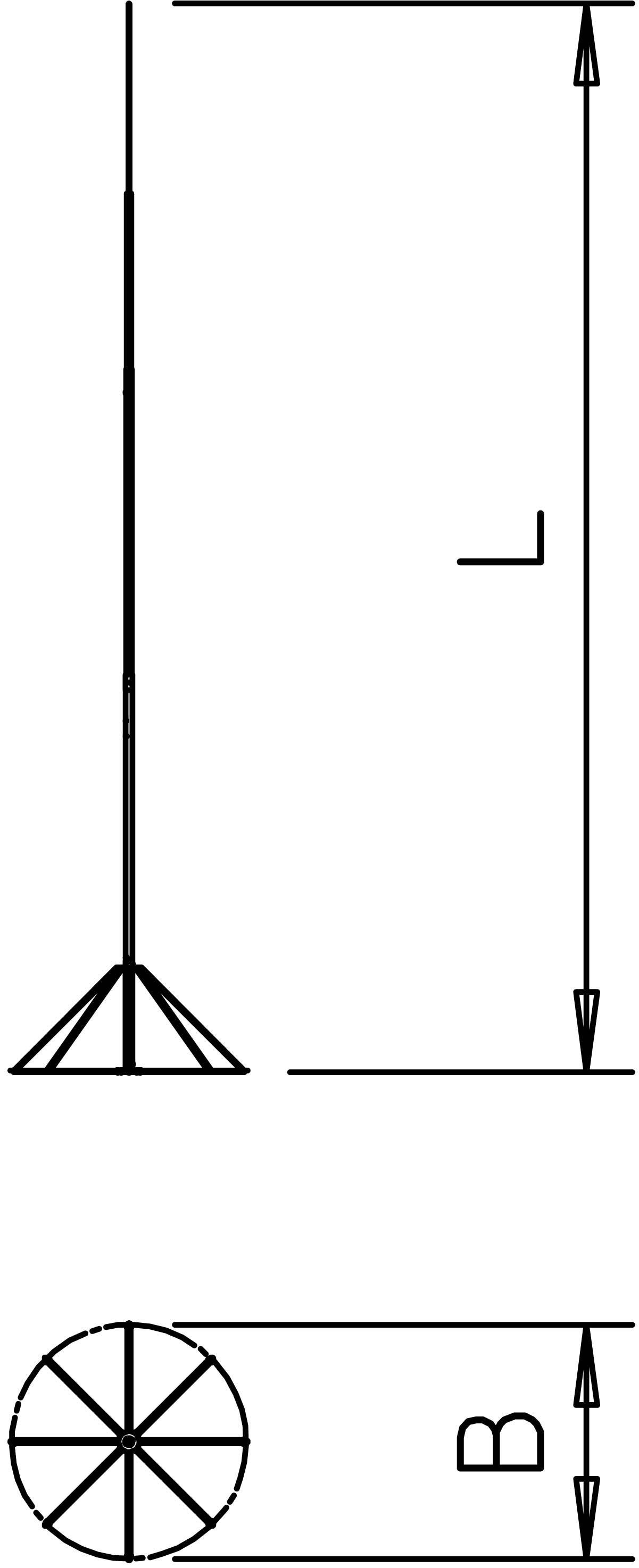 Statik-Diagramm: Ein vertikaler Mast mit Basisstütze und zwei Pfeilen, die Höhe 'L' und Breite 'B' darstellen. Draufsicht unten zeigt kreisförmige Basis.