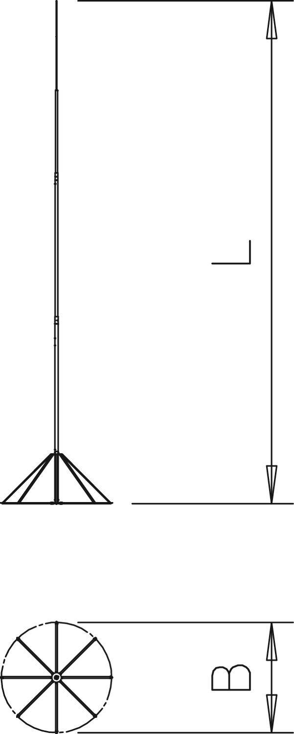 Technische Zeichnung eines Objekts mit gekennzeichneten Längen 'L' und 'B' sowie Maßangaben und geometrischen Formen.