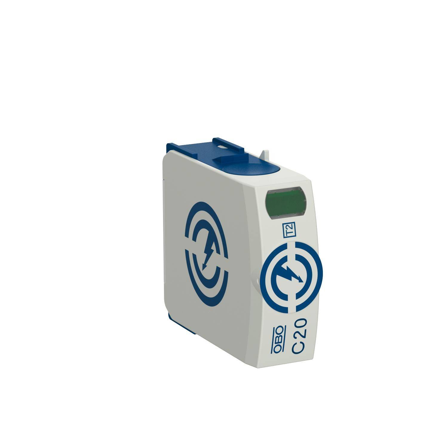 Eine weiße, blaue elektrische Sicherung mit der Aufschrift 'OBO C 20'.