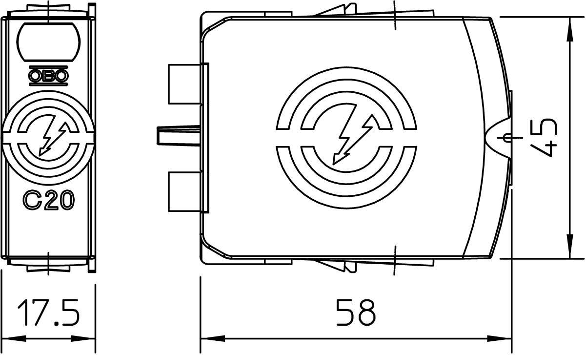 Elektrotechnikkomponente mit Symbol einer Elektrizität auf der Oberfläche; Maße: 17,5 x 45 x 58 mm; Modell C20.