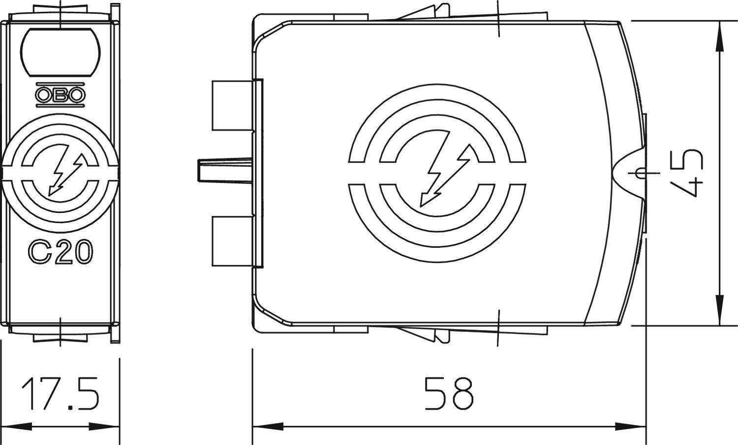 Technische Zeichnung eines elektrischen Geräts mit den Maßen 17,5 x 45 x 58 mm, markiert mit dem Text 'C20'.