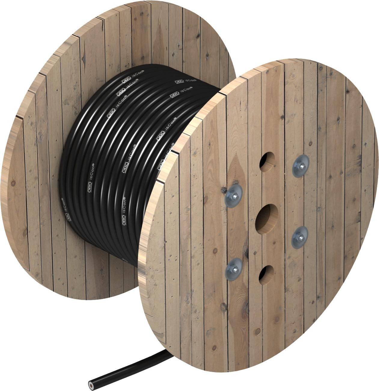 Ein großer Holzspulrahmen mit aufgewickeltem schwarzem Kabel und einem kurzen Kabelstück, das herausragt.