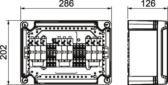 Zeichnung eines rechteckigen elektrischen Schalters mit Abmessungen: 286 x 202 x 126 mm. Zeigt interne Komponenten und Anschlussstellen.