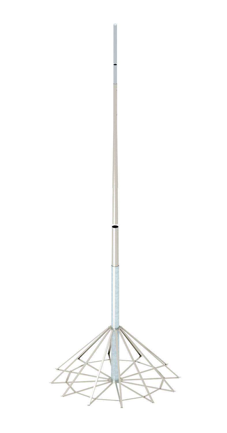 Eine faltbare, weiße Antenne mit mehreren Streben in einem kreisförmigen Muster an der Basis. Geeignet für tragbaren Einsatz.
