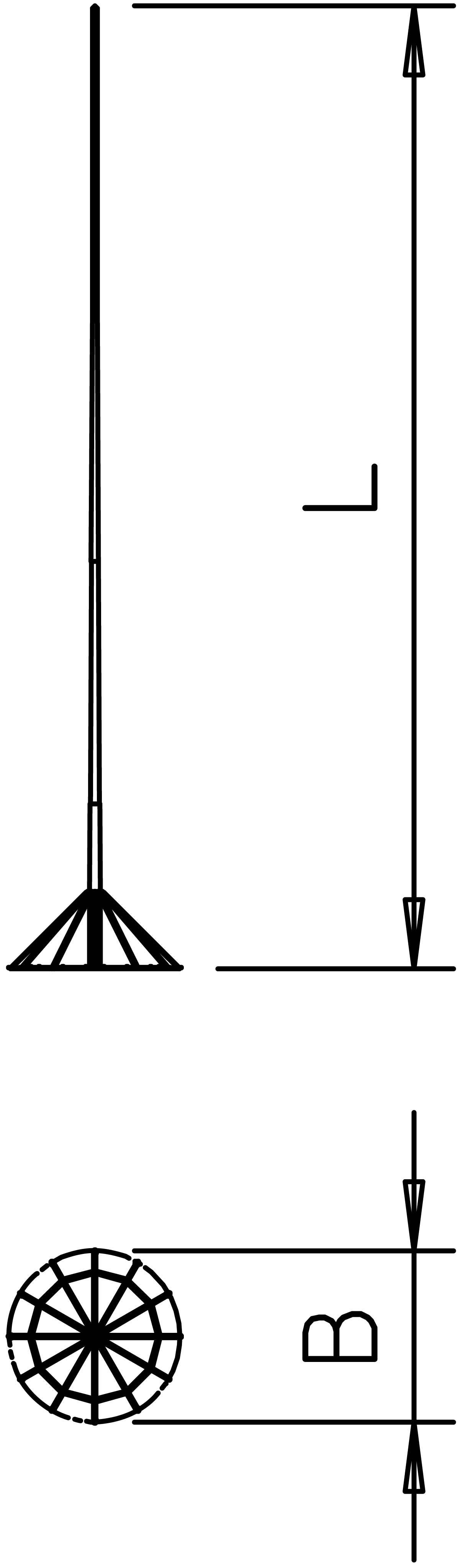 Diagramm zeigt einen dünnen Stab mit markierten Maßen 'L' in der Höhe und 'B' im Durchmesser der Basis.