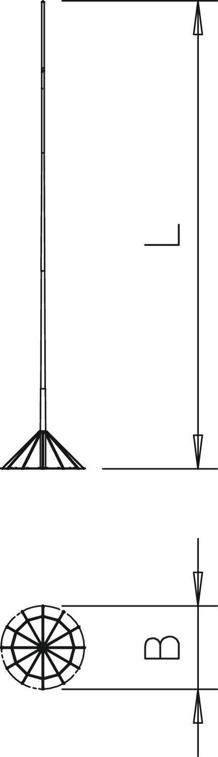 Technische Zeichnung eines Masts mit Fußstützen, Höhe 'L' und Basisdurchmesser 'B' angegeben, zeigt Seiten- und Draufsicht.