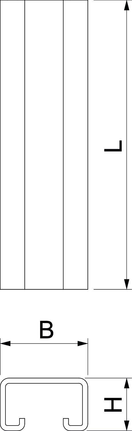 Grundriss einer C-Profilstange mit einer Breite 'B' und Höhe 'H'.oben Seitenansicht, unten Querschnitt mit Maßen.