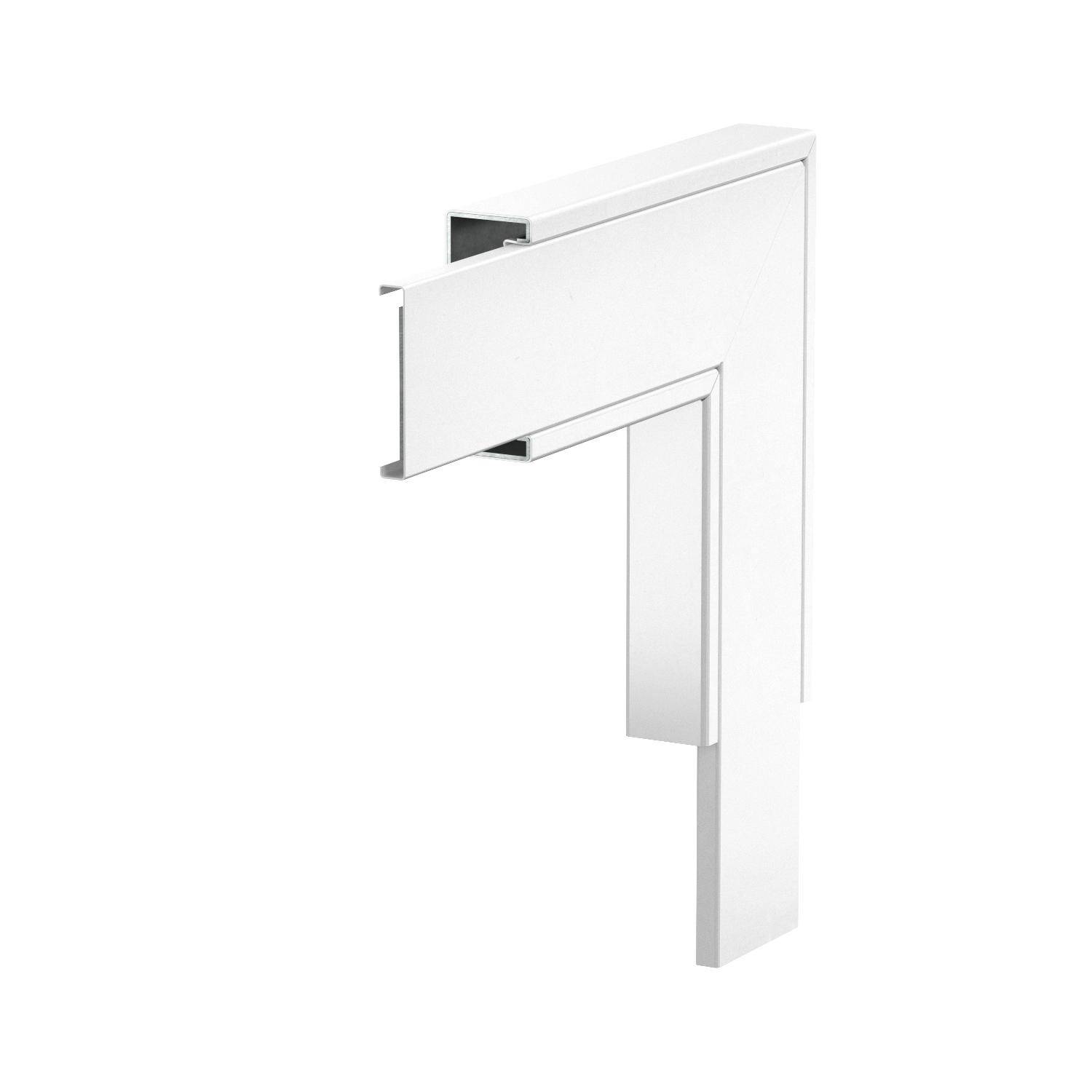 Ein weißer, rechteckiger Eckverbinder aus Metall, der zwei senkrecht zueinander stehende Metallprofile verbindet.