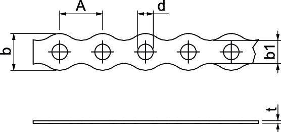 Technische Zeichnung einer Metallleiste mit Löchern. Maße: A, b, b1, d und t sind angegeben. Seitenansicht unten zeigt die Dicke.