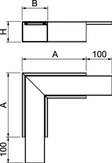 Technische Zeichnung eines L-förmigen Winkels. Oberansicht zeigt Maße: Breite (B), Höhe (H), Länge (A), jeweils mit 100 mm markiert.