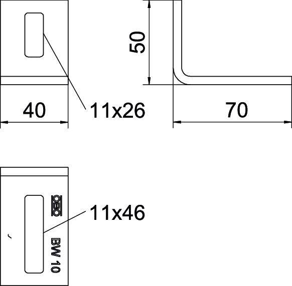 Technische Zeichnung eines L-förmigen Bauteils mit Maßen: 40x70 mm, Höhe 50 mm. Bohrung 11x26 mm, Beschriftung 'BW 10'.