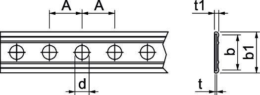 Technische Zeichnung einer Montageschiene mit Abmessungen. Zeigt Längen 'A', Lochdurchmesser 'd', sowie Breiten 'b' und 'b1' an.
