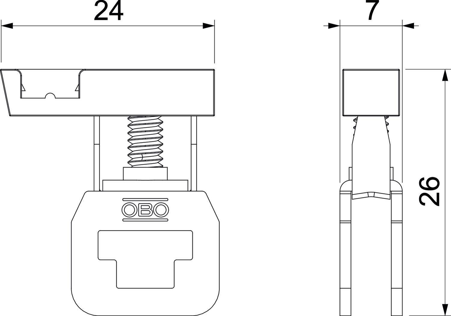 Zeichnung eines Kabelhalters mit Maßen: Breite 24 mm, Höhe 26 mm, obere Klemme 7 mm. Schraube mittig mit federunterstütztem Mechanismus.