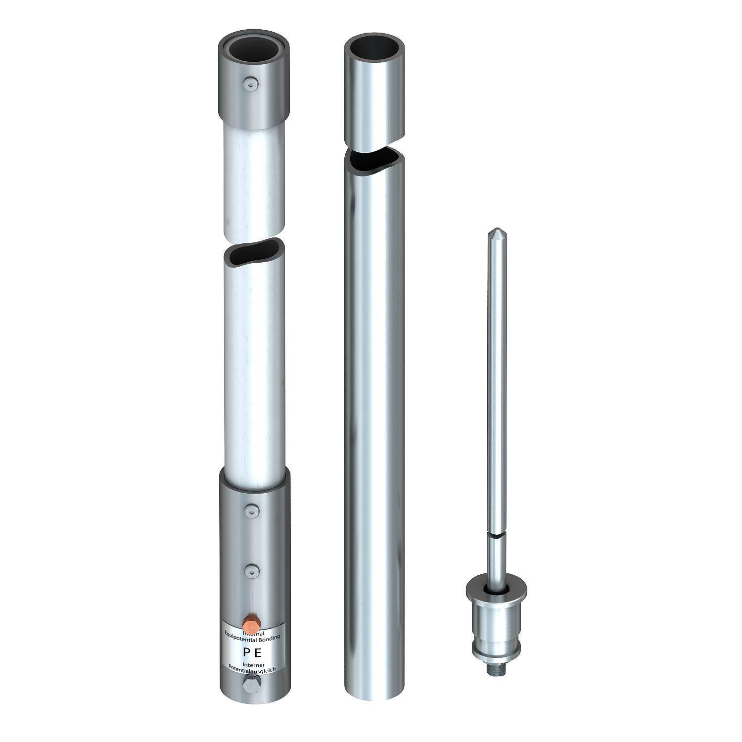 Ein silberner, mehrteiliger Metallzylinder und eine separate Nadel, vermutlich technische Komponenten eines Geräts.