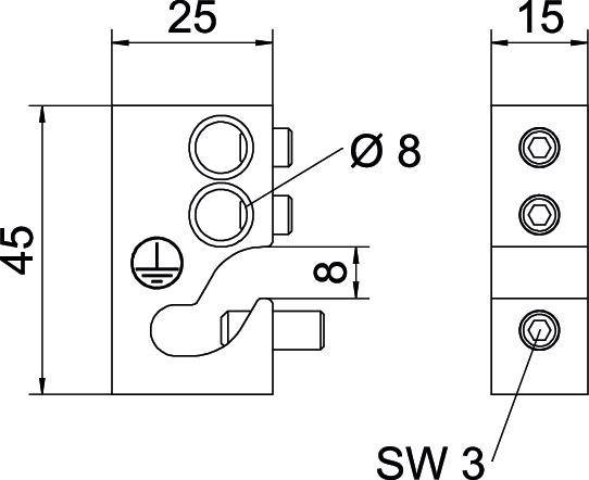 Technische Zeichnung eines Bauteils mit Maßen: 45 Höhe, 25 Breite, 15 Tiefe. Löcher: Durchmesser 8 und SW 3.