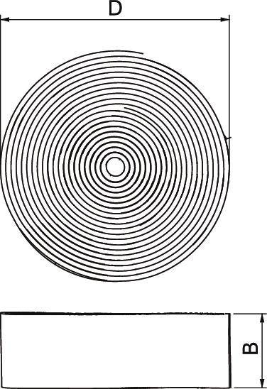 Spiralförmige Draufsicht eines Drahtes mit Durchmesser 'D' und Breite 'B'. Diagramm zeigt die Struktur und Dimensionierung.