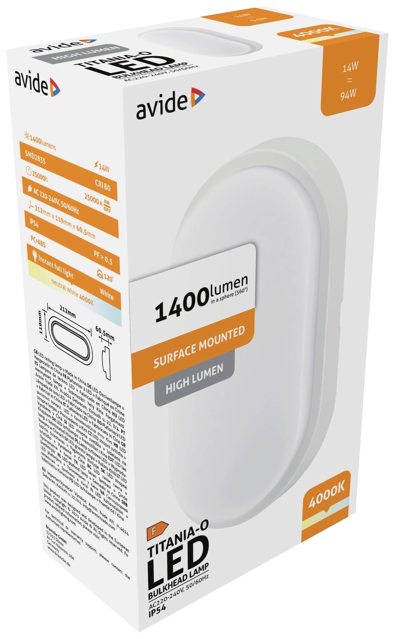 Avide Titania-O ABBHL-O-14W-NW-HL LED-Außenwandleuchte LED fest eingebaut EEK: F (A - G) 14W LED Weiß