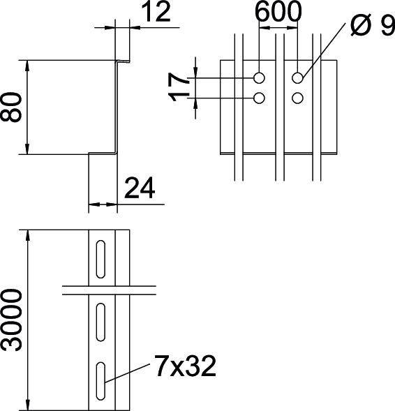 Technische Zeichnung eines Metallprofils mit Maßen: 80x24 mm und einer Länge von 3000 mm. Bohrungen: 7x32 mm und Ø 9 mm.