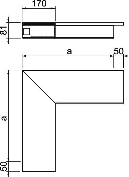Technische Zeichnung eines L-Profils mit den Maßen 170 x 81 mm und 50 mm Breite. Das Profil hat einen rechten Winkel.
