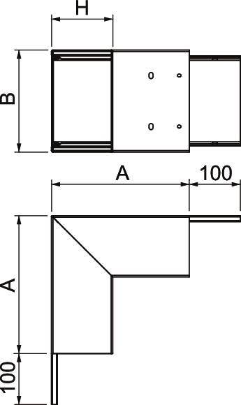 Konstruktionszeichnung mit zwei Ansichten eines L-förmigen Metallprofils. Maße: Breite B, Höhe H, Länge A, und 100 mm Kantenlänge.