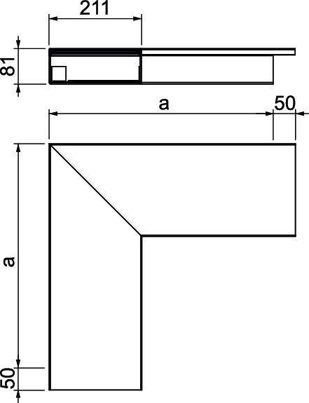 Technische Zeichnung eines L-förmigen Winkels mit Abmessungen: 211 mm Länge, 81 mm Höhe, 50 mm Breite.
