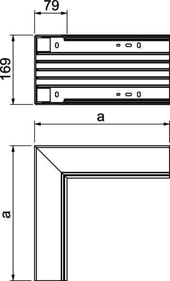 Technische Zeichnung eines rechteckigen Rahmenprofils mit Innenmaßen 79 mm Breite und 169 mm Höhe; Querschnitt und Draufsicht.