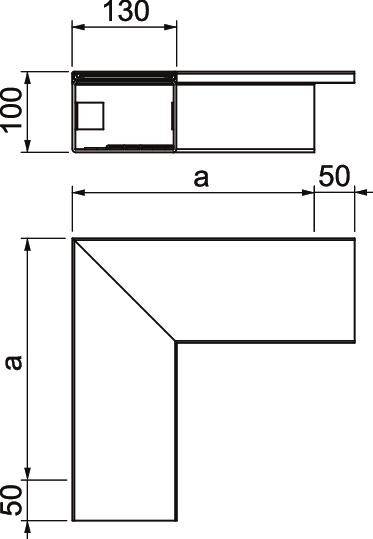 Technische Zeichnung eines rechten Winkels mit Maßen: Seitenlänge 'a', Breiten '50' mm, '100' mm und '130' mm.