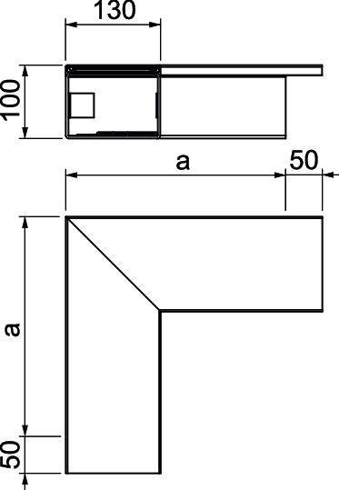 Technische Zeichnung eines rechtwinkligen Metallprofils von 130 mm Länge und 100 mm Höhe, mit 50 mm breiten Kanten.