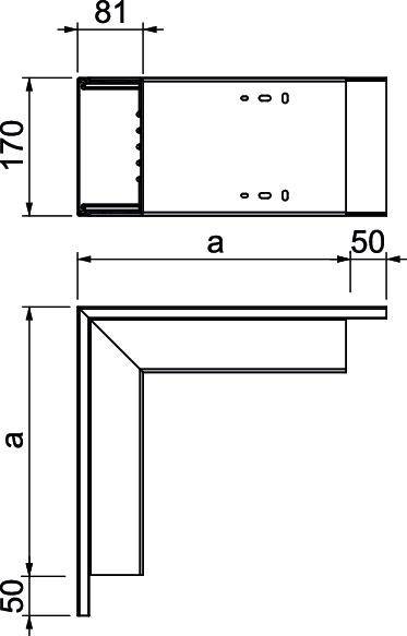 Technische Zeichnung eines metallic Eckbeschlags: Maße 81x170 mm und 50x50 mm Kanten. Zeigt Bohrlöcher und Befestigungsdetails.