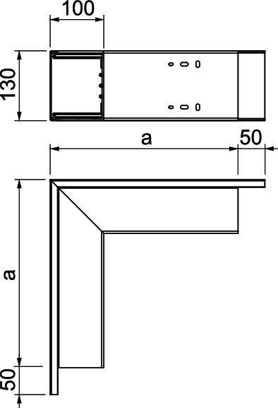Technische Zeichnung eines L-förmigen Metallwinkels mit Abmessungen: obere Fläche 100x130 mm, vertikale Fläche 'a' x 50 mm.