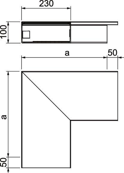 Technische Zeichnung eines L-förmigen Profils mit Maßen: 230x100 oben, Länge und Breite 'a', senkrechter Abschnitt 50 breit.