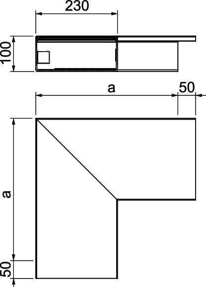 Technische Zeichnung eines L-förmigen Profils. Oben: Querschnitt mit Maßen 230x100 mm. Unten: Draufsicht mit Kantenlängen a, 50 mm.